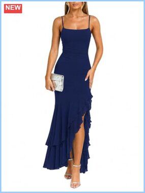 Elegant Ruffle Formal Wedding Guest Maxi Dress Ruffle Hem Backless